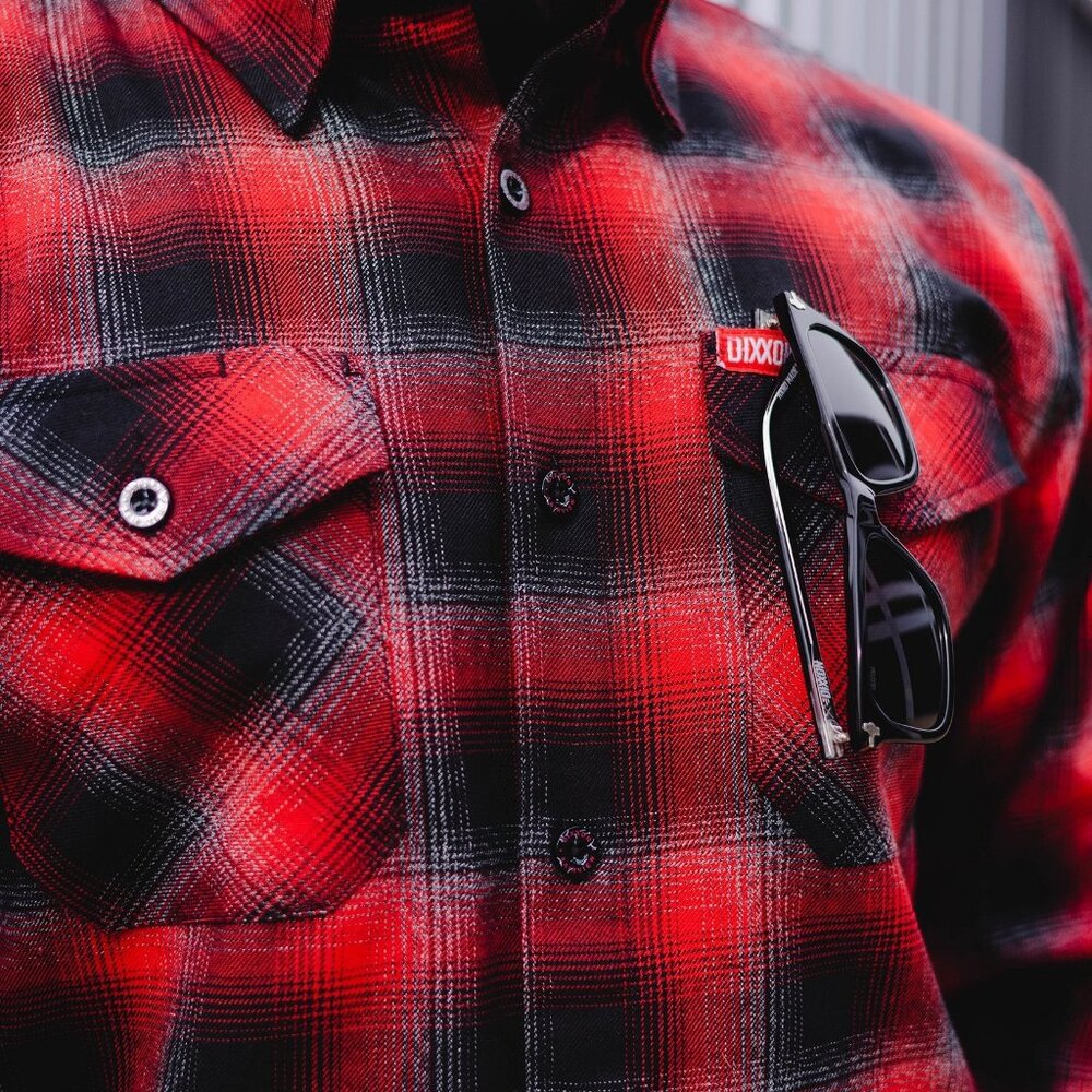 Dixxon Fairview Red Black Plaid Flannel Long Sleeve Shirt - Picture 6 of 10